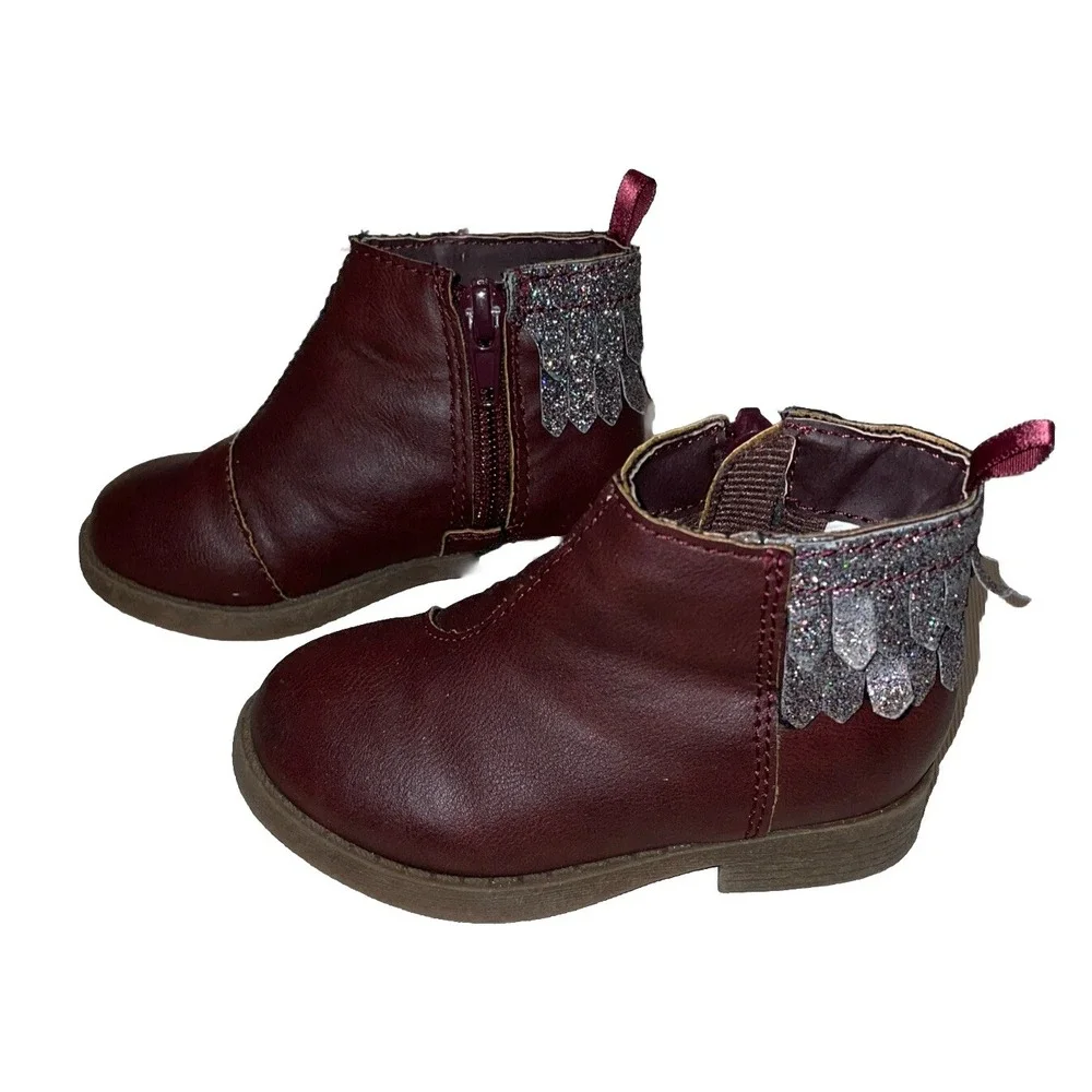 OshKosh Kids Size 5 Ankle Boots Burgundy Glitter Fringe Booties‎